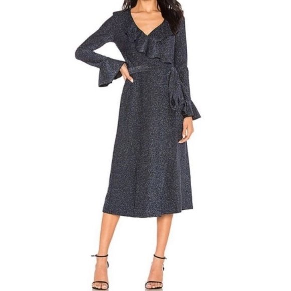 Free People One More Time Lurex Wrap Dress in Navy - Picture 1 of 14